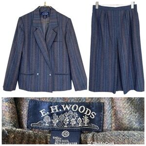 E.H. Woods Vintage Wool Blend Striped Blazer & Midi Skirt Suit Set Size 10